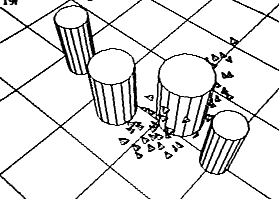 simulated boid flock avoiding obstacles (1986)