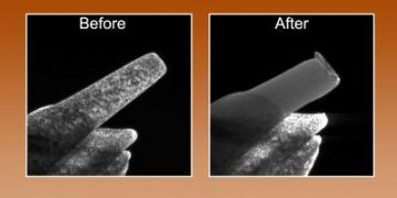 Compression of a nickel pillar whose free end has a diameter of about 150 nanometers: before compression (right) the pillar has a high density of defects visible as dark mottling. After compression all the defects have been driven out a previously un ...