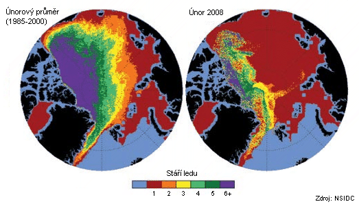 St moskho ledu v Arktid. Srovnn norovho prmru za obdob let 1985-2000 se souasnm stavem (nor 2008).