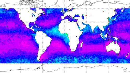 Highest aerosol levels in light blue, lowest in purple.