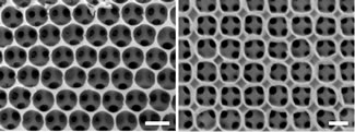 Scanning electron micrographs of self-assembled 3-dimensional photonic air-sphere crystals in titania. Scale bar is 300 nm.