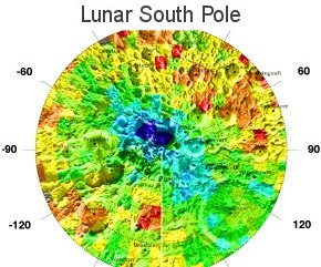 This Lunar Prospector map of the Moons south pole shows in blue where water or some other hydrogen-rich compound might be located.