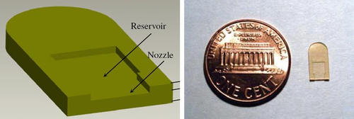 The self-propelled microboat takes advantage of the surface tension difference in the front and back of the boat when isopropul alcohol leaks from the back reservoir. The microboat can reach speeds of 30 cm per second. Credit: Cheng Luo et al.