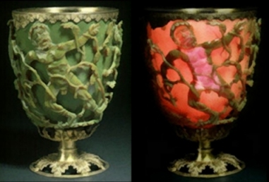 The Lycurgus Cup when lit from outside and inside