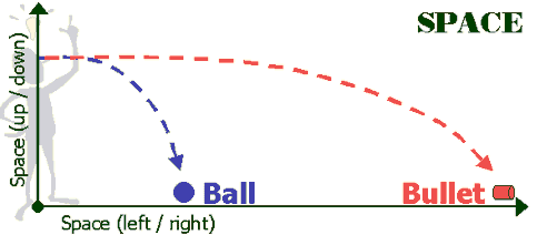 A ball and a bullet launched in the same direction follow different paths in space.