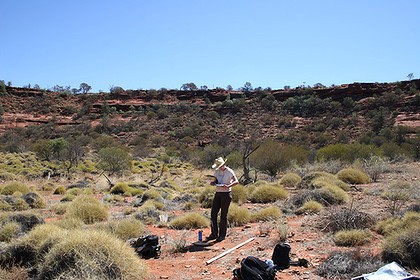 Astrophysicist Tui Britton in a meteorite impact crater discovered in Palm Valley in Northern Territory.