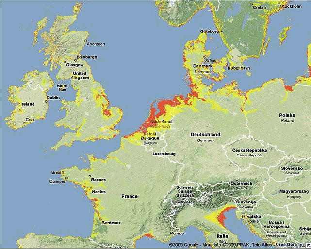 erven vzestup hladiny moe o 2 m, lut vzestup o 25m. Kredit: NS, Google.