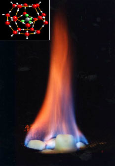 "Burning ice". Methane, released by heating, burns; water drips (USGS).  Inlay: clathrate structure (Uni. Gttingen, GZG. Abt. Kristallographie). Source: USGS