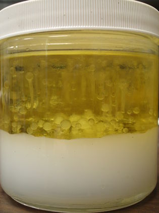 A jar shows the type of tall oil fatty acids that graduate student Brent Schulte worked with to create biodiesel.