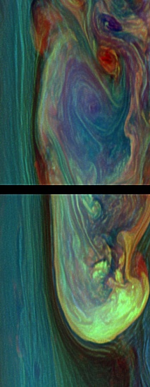 These false-color images from NASA's Cassini spacecraft chronicle a day in the life of a huge storm that developed from a small spot that appeared 12 weeks earlier in Saturn's northern mid-latitudes.