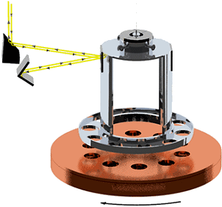 The experimental set-up, showing the aluminium pendulum suspended above the copper attractor.