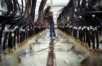 This photo from January 2002 shows the installation of the National Ignition Facility power-conditioning system, which has more than 160 kilometers of high-voltage cable, which delivers energy to the system's 7,680 flashlamps. 